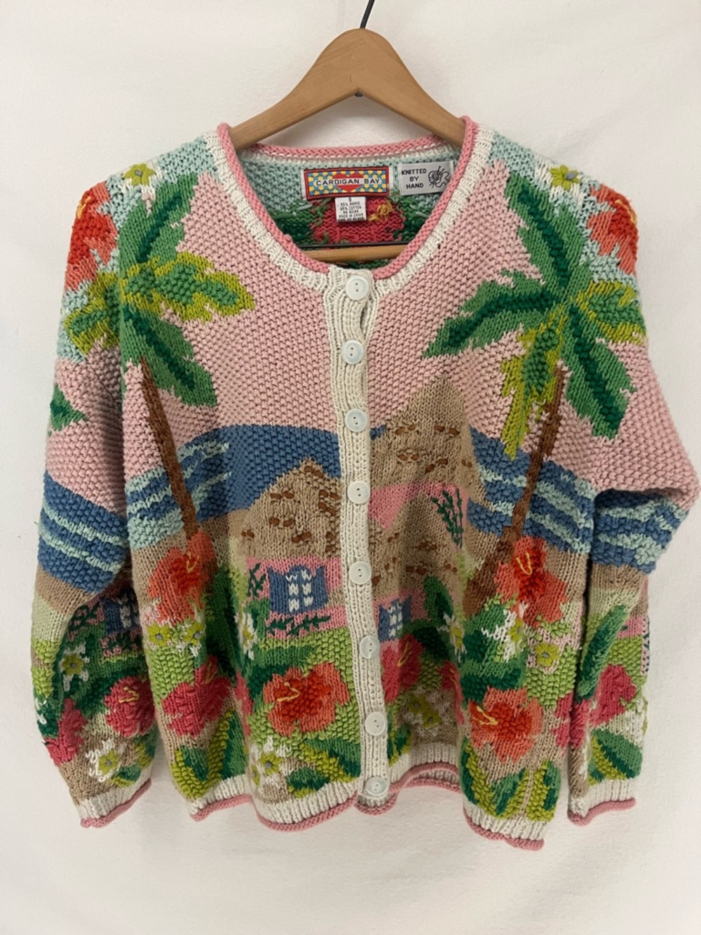 Vintage Cardigan Bay Beach Floral Palm Tree Hand Knit Cardigan Sweater Size S
